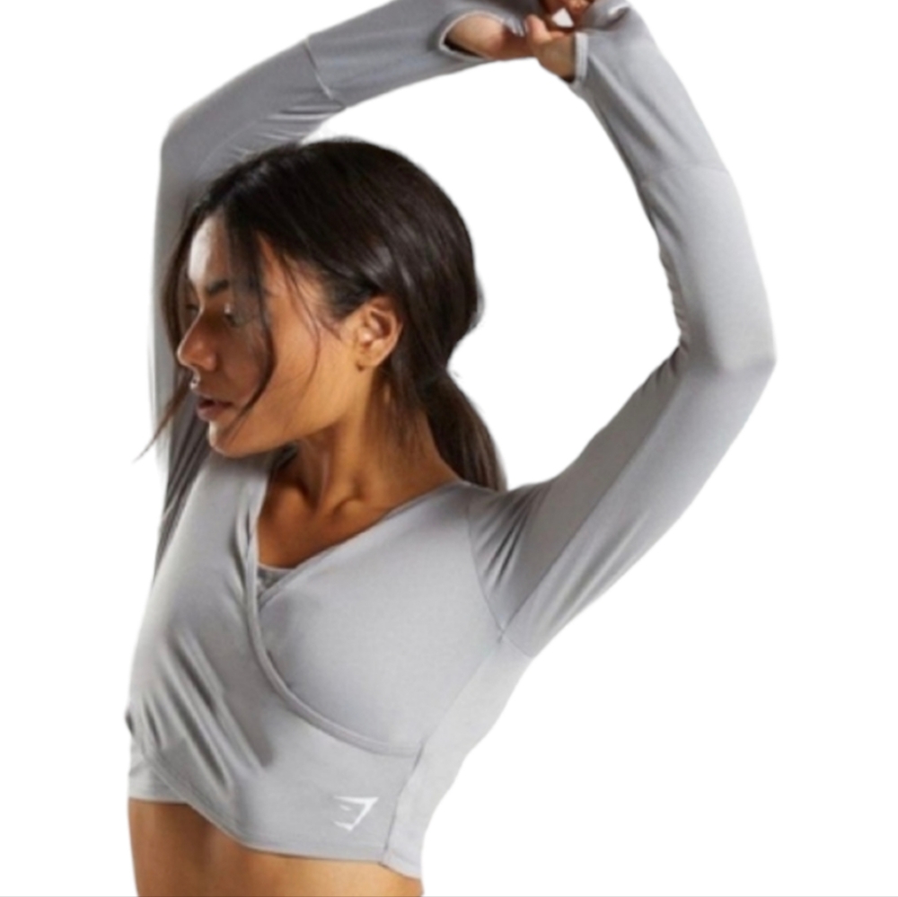 Gymshark Ballet Crop Long Sleeve Wrap Top Gray Women's Medium